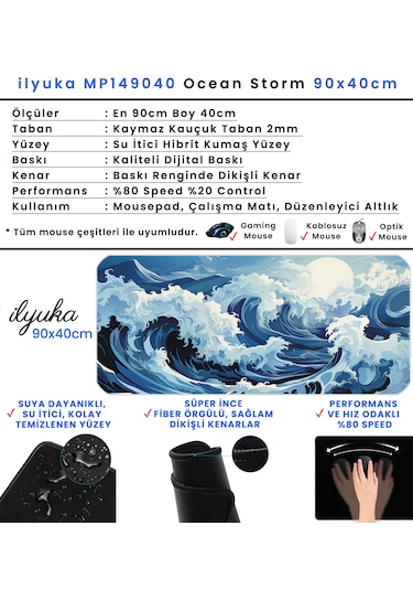 90x40cm Ocean Storm Xxl Büyük Boy İlyuka Gaming Oyuncu Mousepad