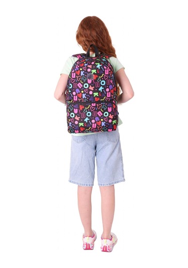 Kaukko Kız Çocuk Kalp Ve Kaukko Baskılı Siyah Okul Çantası - Üç Bölmeli - K1781 Siyah