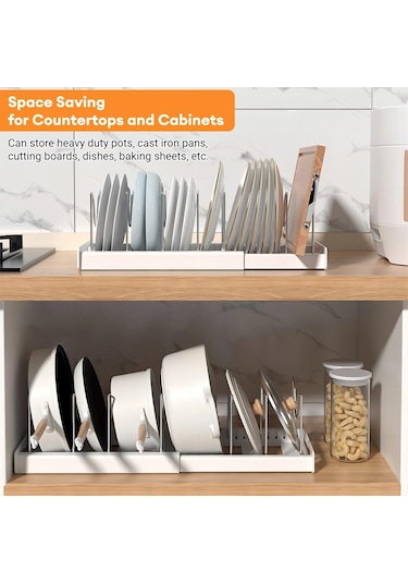Kangvka Beyaz Genişletilebilir Tencere Dolabı Rafı - 7 Ayarlanabilir Bölmeli Çelik Yapı 12-22 İnç Beyaz