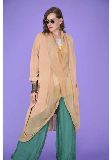 Italyan Ipek Detaylı Oversize Kaftan & Bluz-8711 Açık Camel