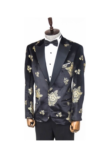 Wessi Gold Çiçek Desenli Parlak Siyah Erkek Smokin Ceket Siyah