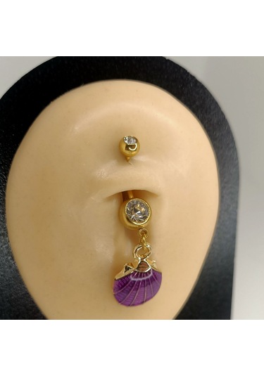 Aya Tasarım Gold Renk Mor İstiridye Figürlü Göbek Piercing Altın