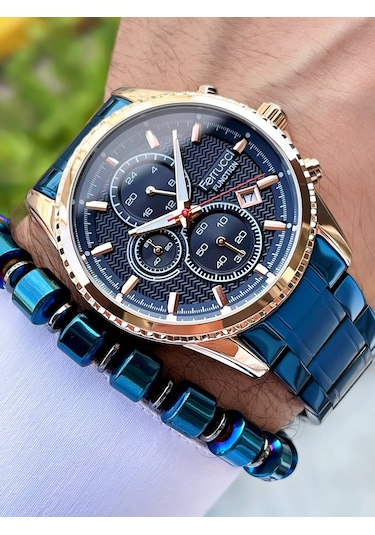 Ferrucci Lacivert Rose Gold Renk Çelik Kordon Fonksiyonlar Aktif Erkek Kol Saati + Bileklik Hediyeli Nda969