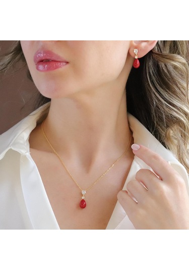 Mercan Taşlı Damla Gold Gümüş Set Gümüş