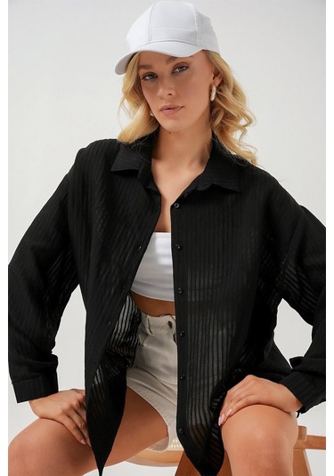 Gülsüm Aydın Uzun Oversize Gömlek 20320 - Siyah Siyah