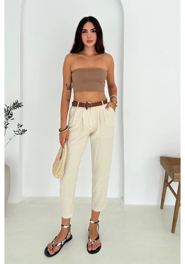 Kemer Detaylı Keten Pantolon Krem Krem