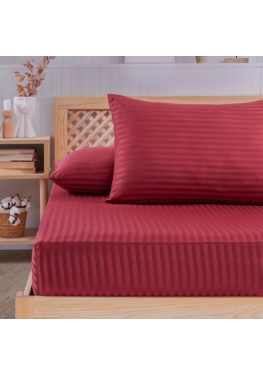 Pamuklu Çizgili Saten Tek Kişilik Lastikli Çarşaf Seti 100x200cm Bordo