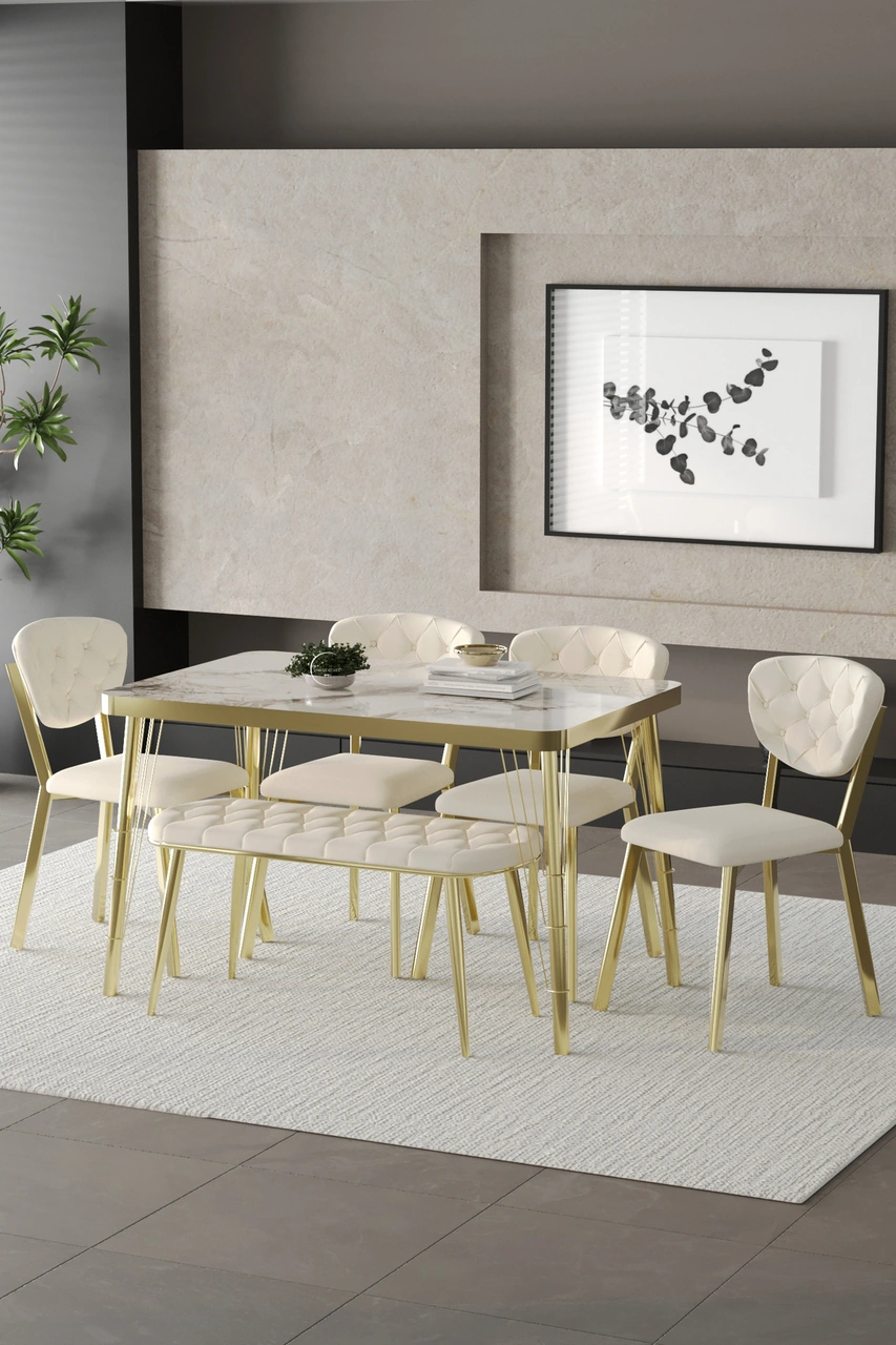 Mutfak Masası Takımı Elma Serisi Benchli Gold Krem