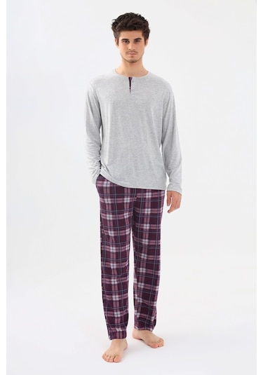 Erkek Pamuklu Uzun Kollu Önü Patlı Ekose Desenli Pijama Takımı Ko60105 Mor