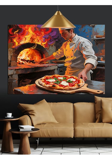 Odun Fırınında Pizza Ustası Dekoratif Kanvas - Mdf Ahşap Tablo