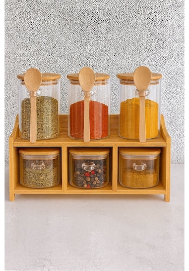 Qerhome 6lı Bambu Stantlı Borosilikat Cam Baharatlık Seti 430 Ml+330 Ml 11515 ŞEffaf