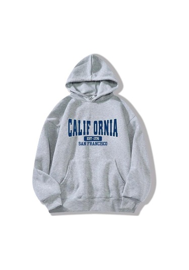 Califor Ornia 1776 Sweatshirt - Gri Baskılı Oversize Kışlık Kalın Kapüşonlu Gri