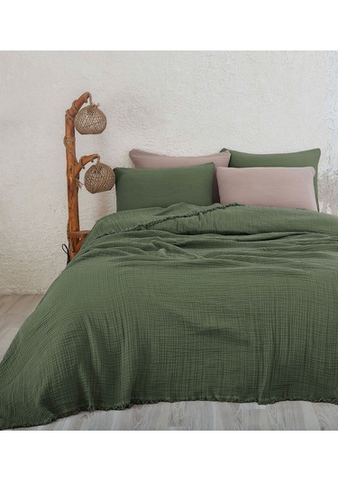 %100 Pamuk Çift Kişilik Müslin Yatak Örtüsü 4 Katlı Yumuşak Battaniye Müslin Pike Takımı 3 Parça Yeşil Yeşil