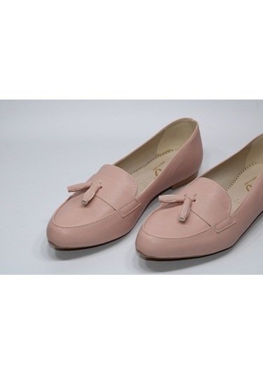 Sedef Kaymaz Düz Taban Püsküllü Kadın Pudra Günlük Babet Ayakkabı
