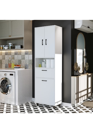 Çamaşır Sepetli Banyo Dolabı, Çok Amaçlı Çekmeceli Dolap 60 X 200 Mat Beyaz