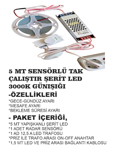 Mutfak Dolabı 360 Derece Hareket Algılama Sensörlü Şerit Led 5 Mt Gün Işığı