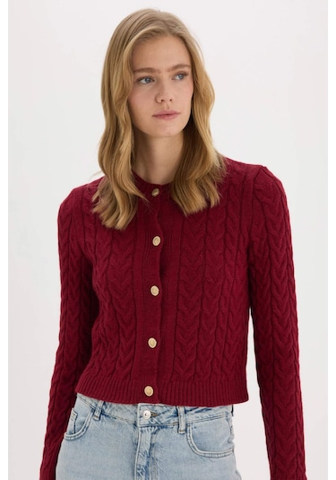 DeFacto Regular Fit Bisiklet Yaka Selanik Örgü Desenli Basic Düz Triko Hırka C9044AX25SPBR285 Bordo