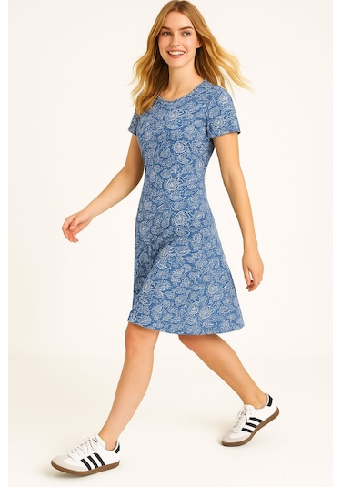 Dökümlü Rahat Kalıp Günlük Penye Kumaş Elbise İndigo-mavi