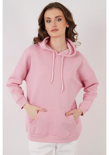 Lela Regular Fit Pamuklu Kapüşonlu Yaka Şardonlu Kışlık Bayan Sweat 5863854 Pembe