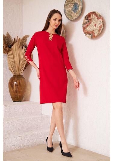 Darlin Moda Kırmızı Metal Aksesuar Detaylı Abiye Elbise Dm1014 Kırmızı