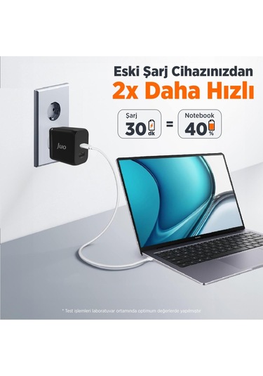 Juo 45W GaN USB-C + USB-A Şarj Aleti iPhone & iPad & Macbook & Samsung Uyumlu PD Type-C Hızlı Şarj Cihazı Siyah