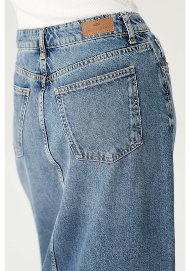 Orta Mavi Yüksek Bel Patı Fermuarlı Yırtmaçlı Maxi Jean Etek C 4532-048 Mavi