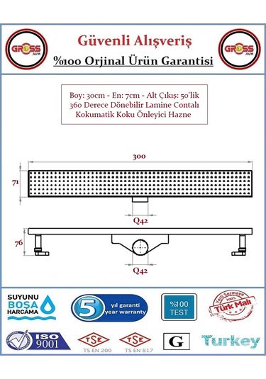 Duş Gider Kanalı - Dönerli Hazne - 304 Paslanmaz Izgara - 30cm