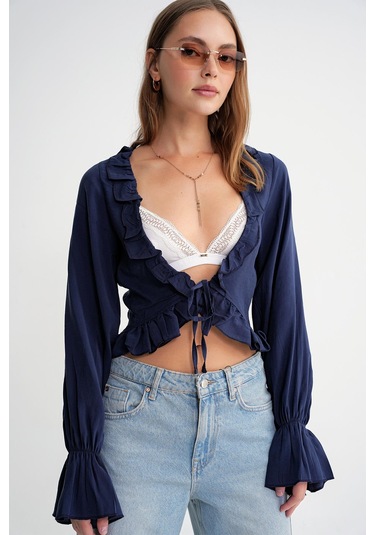 4712 Kadın Volanlı Modal Bolero Bluz Lacivert Lacivert