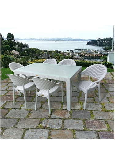 Bambu Beyaz 90x150 Cm Camlı Rattan Bahçe Balkon Masa Takımı Beyaz