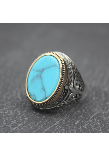 925 Ayar Oval Düz Firuze Taşlı Gümüş Erkek Yüzüğü Gümüş
