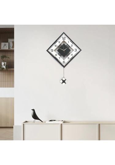 Dörtgen Geometrik Tasarım 50 Cm Modern Ahşap Sarkaçlı Duvar Saati Siyah Beyaz