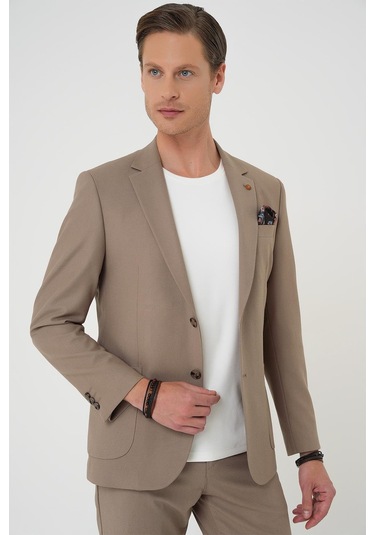 Comfort Fit Mono Yaka Torba Cep Casual Koyu Bej Ceket C 708 Bej