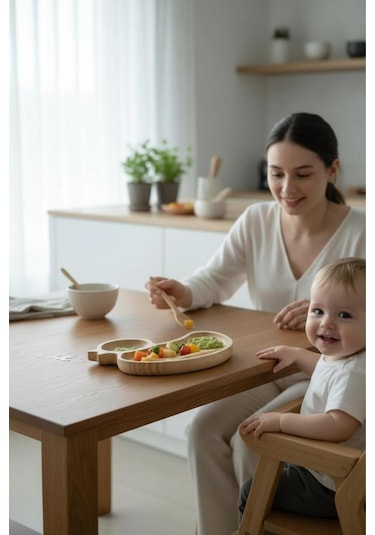 Ördek Figürlü Bambu Bebek Mama Seti Bölmeli Tabak + Kaşık Çatal Seti Bej