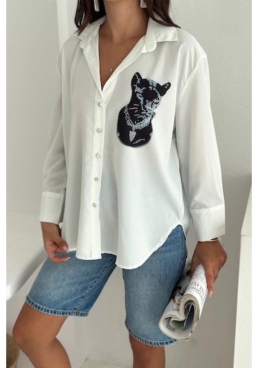 Jaguar Desen Baskılı Taşlı Gömlek Beyaz