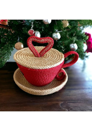 Sevgililer Günü Hediyesi, Hasır Sepet, Fincan Sepet, Jüt Sepet, %100 Doğal Dekoratif Hasır Sepet 001