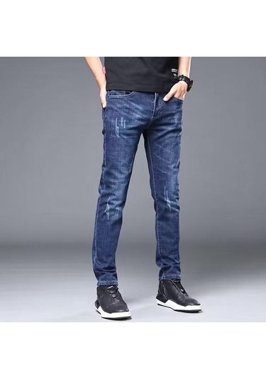 Kot Erkek Yaz Streç Tüm Eşleşen Dar Kesim Pantolon İş Rahat Tüm Maç Uzun Pantolon Dar Kesim Düz Bacak Pantolon Erkek Mavi