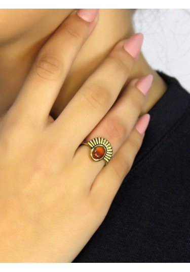 Doğal Taş Akik Yuvarlak Doğal Taşlı Antik Model Kadın Ayarlanabillir Yüzük Euy82a Kırmızı