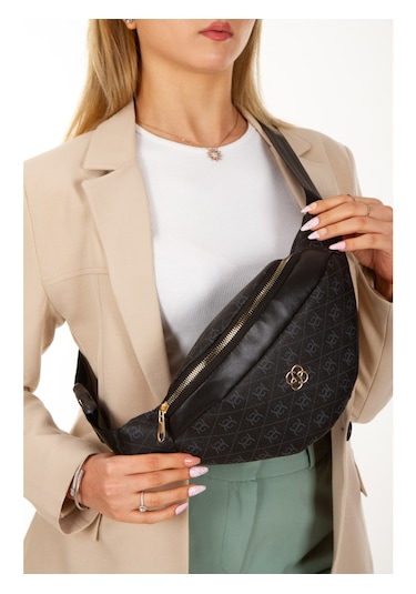 Newish Polo Kadın Desenli Çapraz Omuz Askılı Bel Omuz Çanta Siyah