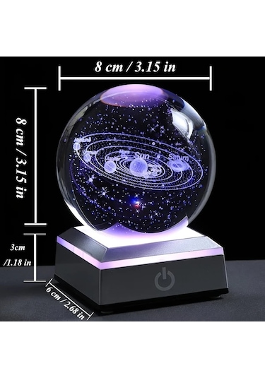Honeybeeshop 1 Adet 8 Cm Küçük 3d Güneş Sistemi Kristal Topu Led Tabanlı Gece Lambası Ev Dekorasyon Astronomi Hediye Ahşap