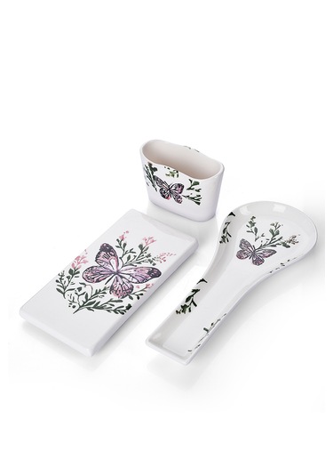 Piatti Naturali 3 Lü Mutfak Seti Kelebek Kaşık Altlığı Süngerlik Yağdanlık