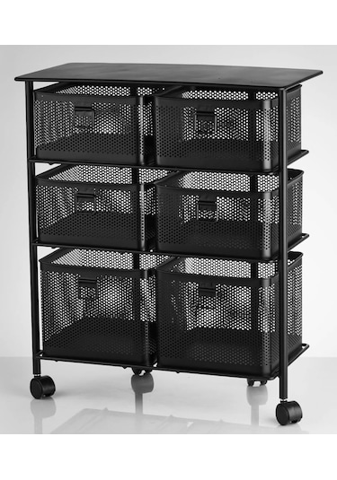 Metal Tekerlekli Paslanmaz Sebzelik 6 Bölmeli 3 Katlı Siyah Siyah