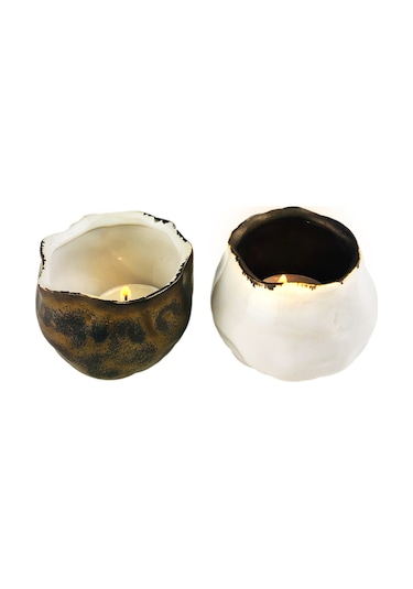 Alesta Home Kahverengi ve Beyaz Seramik Tealight Mumluk 6X6Cm Kahverengi