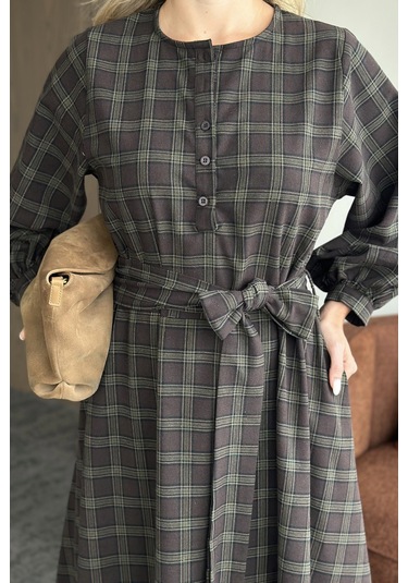 Haki Ekoseli Kuşaklı Uzun Elbise - 1235 Haki