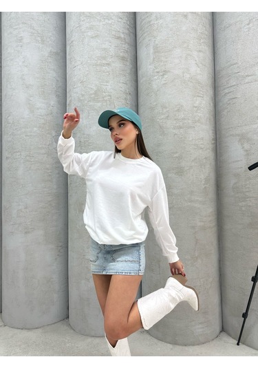Düz Renk Kadın Sweatshirt Beyaz