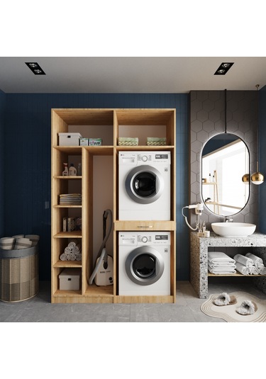 Megan Çamaşır Ve Kurutma Makinesi Dolabı Banyo Dolabı Meşe Meşe