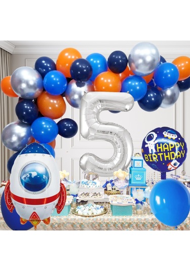 5 Yaş Uzay Temalı Doğum Günü Seti Uzay Mekiği Happy Birthday Yazı Renkli Balonlar Gümüş Folyo Rakam Çok Renkli