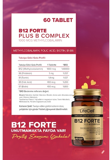 Lifecell Vitamin B12 1000 Mcg Metilkobalamin B Kompleks 60 Çiğneme Tablet
