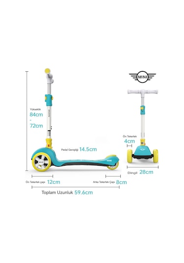 Lisanslı 3 Tekerlekli Katlanabilir Ayarlanabilir Işıklı 50 Kg Taşıma Kapasiteli Scooter Yeşil