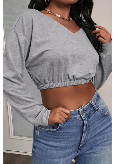 Tarz Cool Kadın Omuz Dekolteli Lastikli Crop Sweatshirt %100 Pamuk Gri