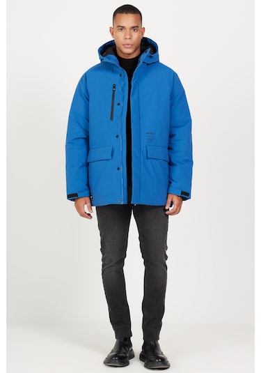 Ac&Co / Altınyıldız Classics Erkek Saks Kapüşonlu Dik Yaka Standart Fit Kaban Saks Mavi